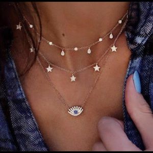 Gold Plated Crystal Stars & Evil Eye Necklace